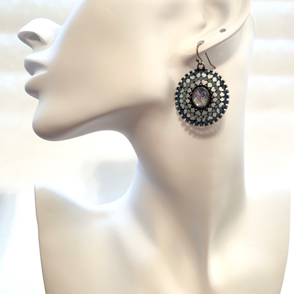 2/$10 Circle blue and bronze dangle earrings